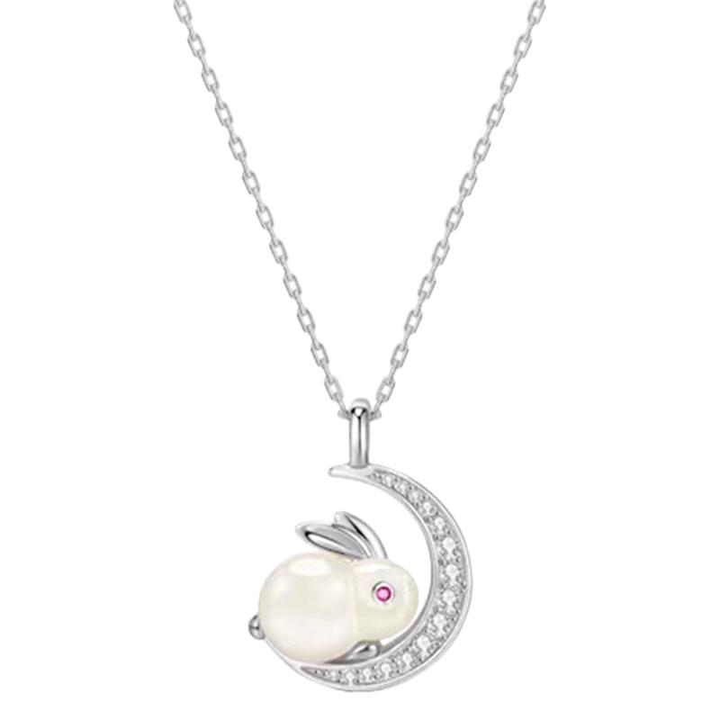 925 Sterling Silver Rabbit Pendant Necklace with Natural Hetian Jade