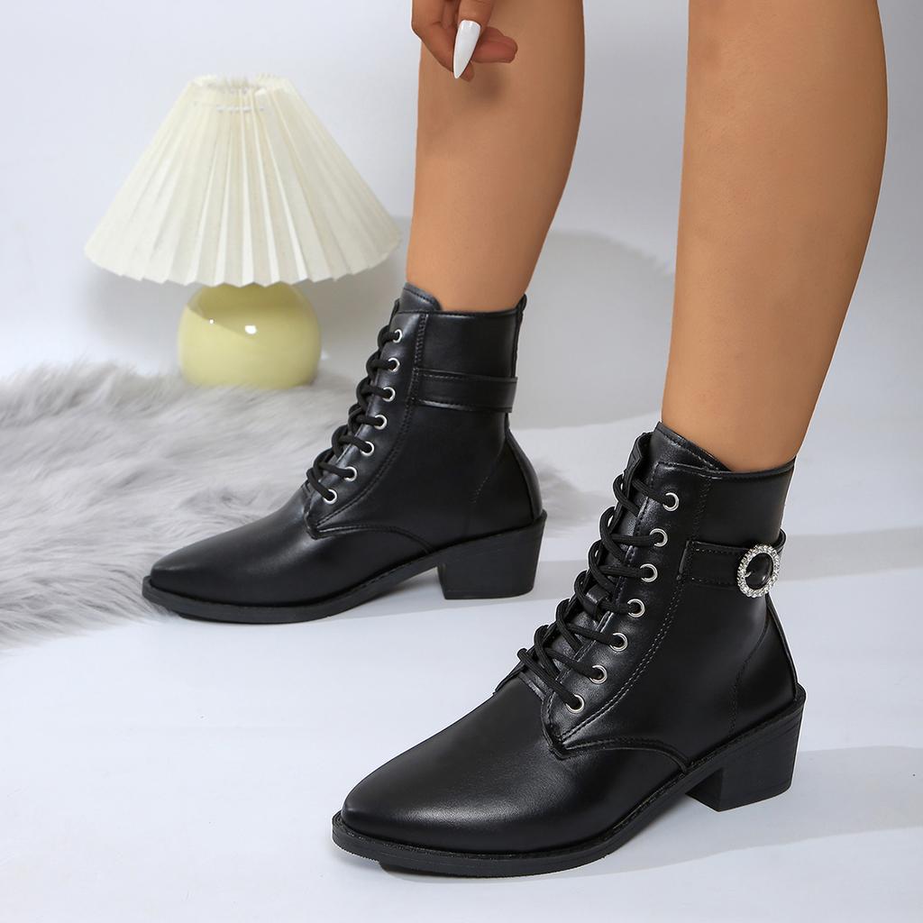 Women's Boots Fashion Classic Lace Up Ankle Boots Low Square High Heels Round Toe Autumn and Winter Casual Women's Shoes