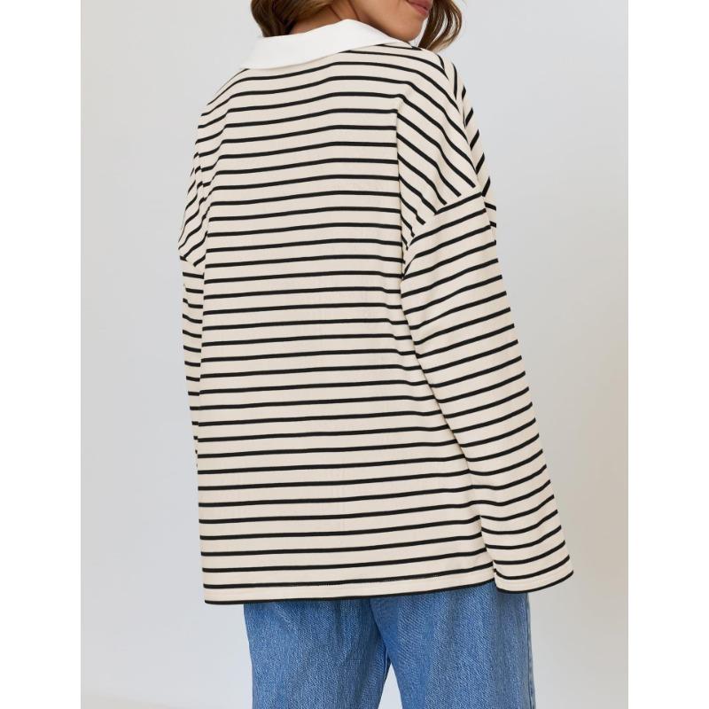 Spring Autumn Women's Striped V-Neck Loose Sweatshirt Lapel Sweatshirt