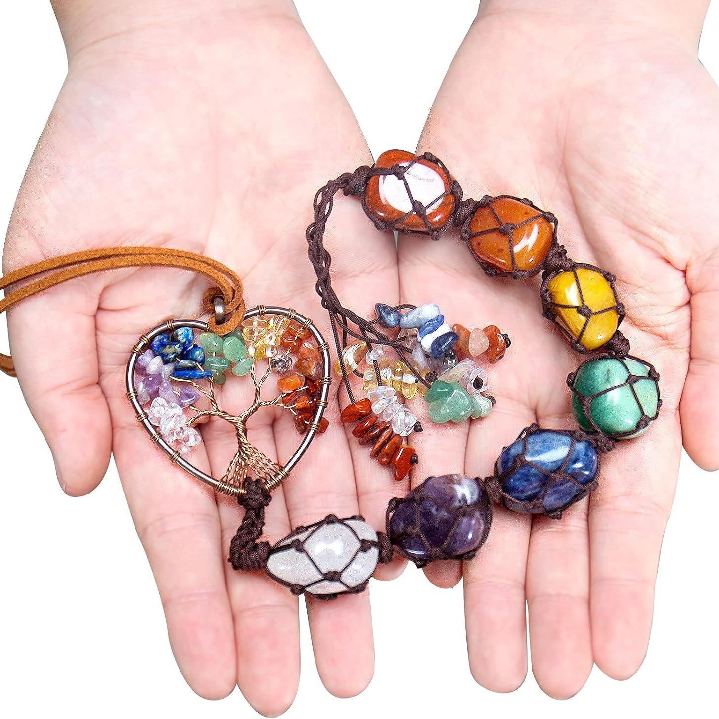 7 colors, colored crystal raw stone, hand woven pendant, natural stone, life tree car hanging, dream catcher net hanging decoration xxx48