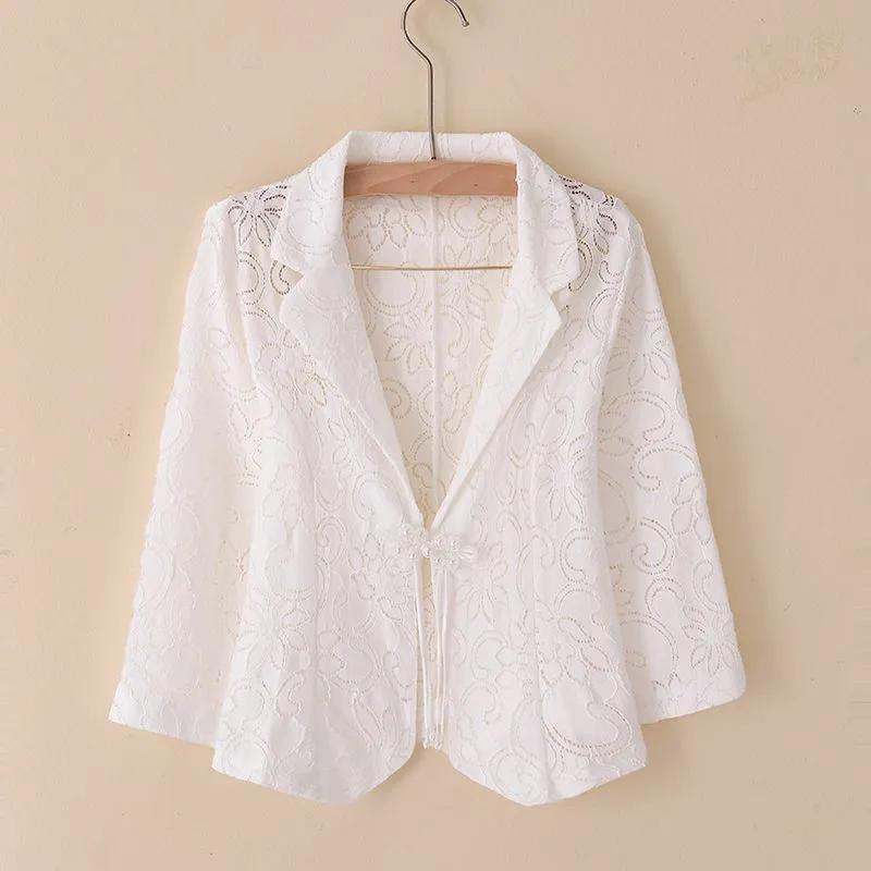 Chaqueta Fina de Encaje Calado de Verano para Mujer Talla Grande Diseño Estilo Nacional Botón de Disco Ropa Protectora Solar