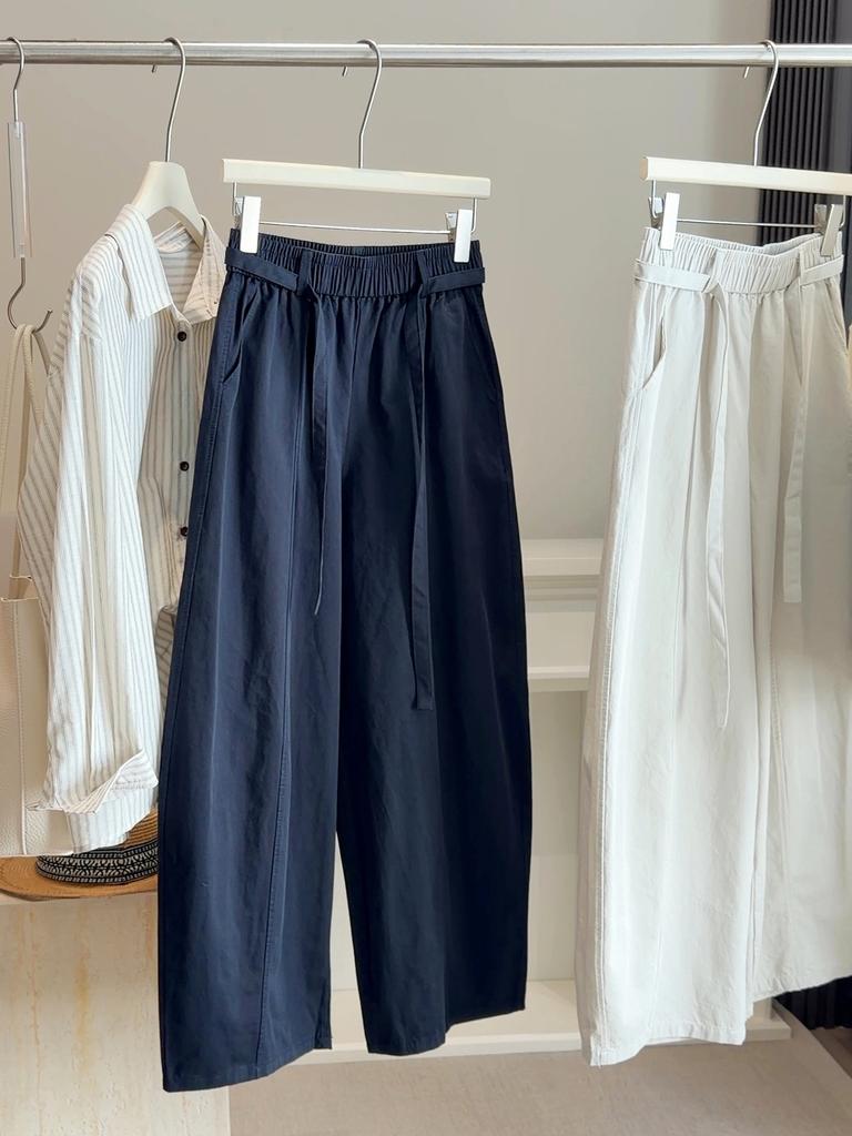 Women's High Waist Elastic Drawstring Wide Leg Pocket Solid Casual Long Pants