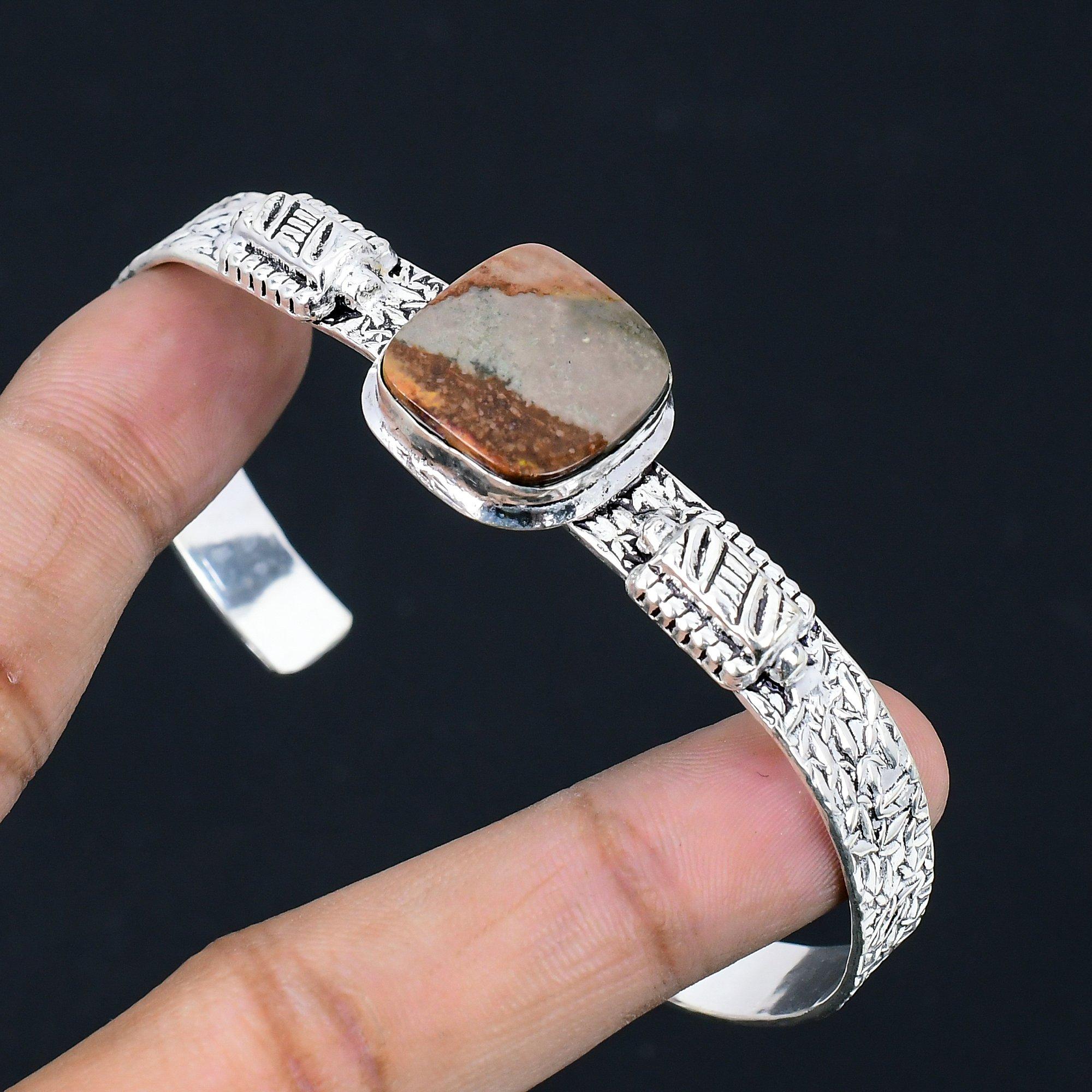 

Cushion Natural Landscape Jasper Mother Wedding New Bangle Bracelet 925 Silver Adjustable