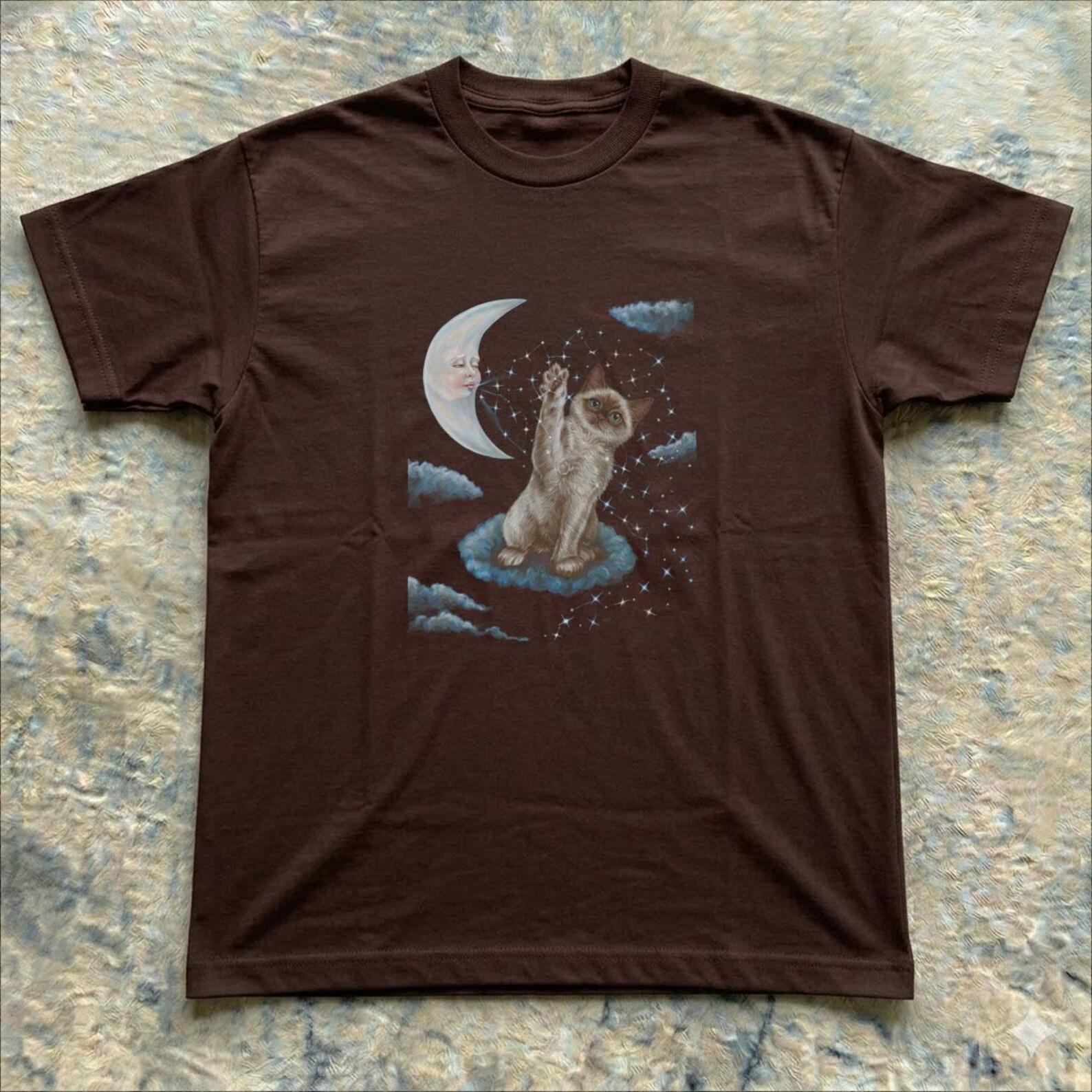 Cat Reaching Moon T-Shirt, Celestial Cat Lover Apparel, Unisex Gothic Style, vintage T-Shirt 2XL