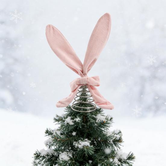 Easter Ornament Soft Pink Velvet Rabbit Ears Tree Topper with Spring Support Flexible Swinging Decoration