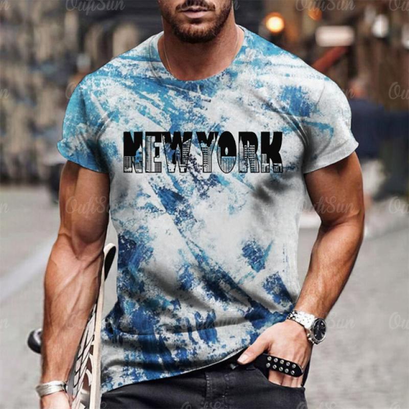 Men's T-shirt NEW YORK Alphabet Print Gradient Casual Comfy Short Sleeved Tees For Summer Oversized Men's Clothing Tops Outdoor