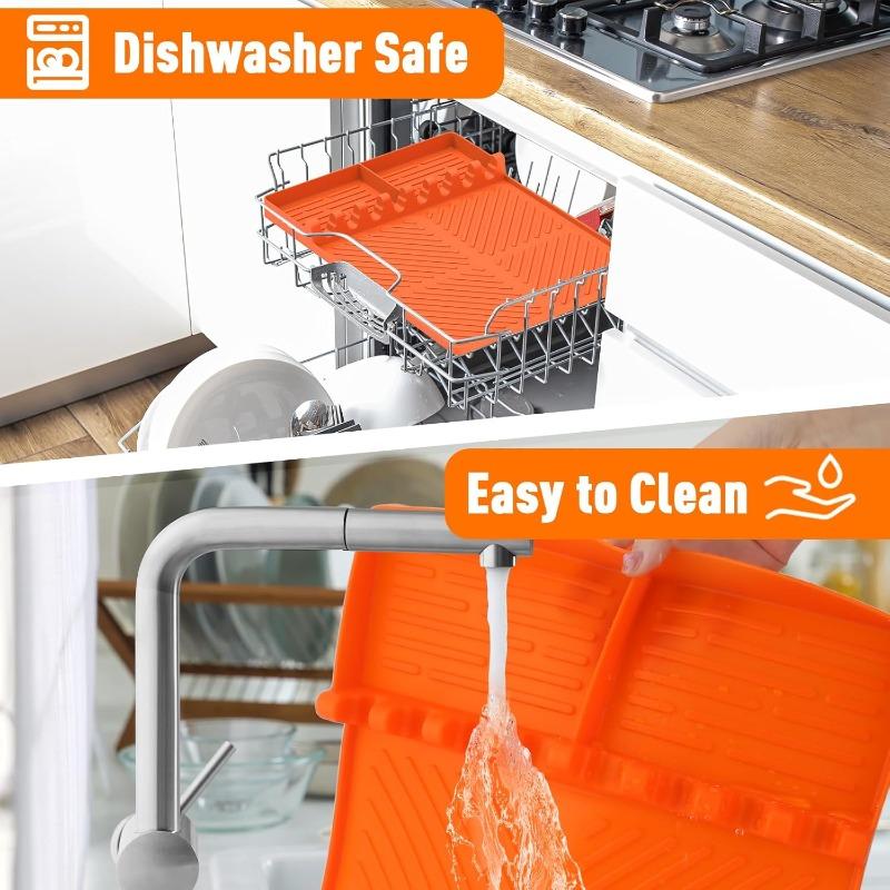Heat Resistant Silicone Grill Tool Holder Mat with Side Shelf Drip Pad for Blackstone BBQ Utensils Kitchen Countertop