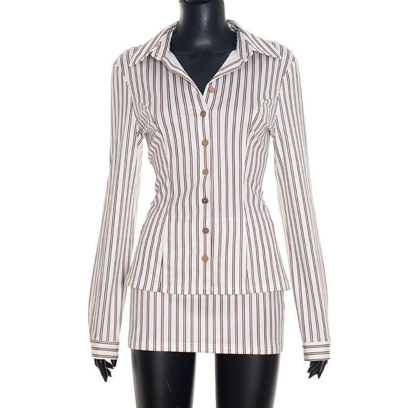

Y25St429 European and American Cross-Border Spring and Summer Sexy Women s Clothing Striped Button Long-Sleeved Top Slim Skirt Two-Piece Set White S