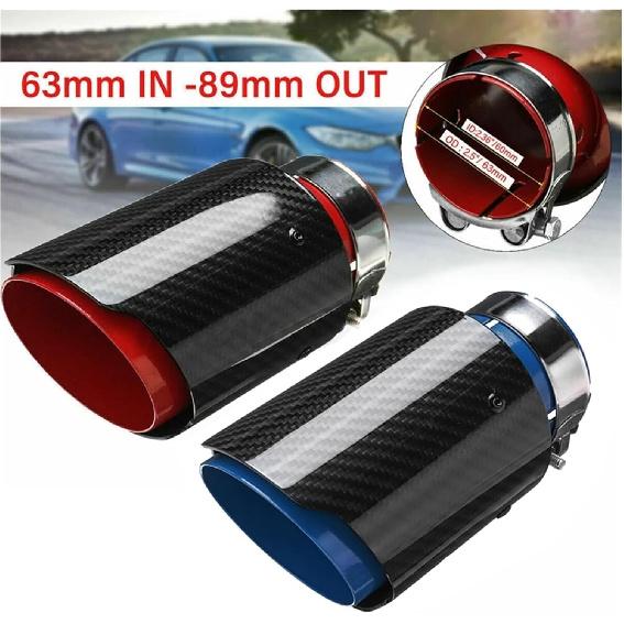 1PC 63MM Universal Car Real Carbon Fiber Exhaust System Muffler Tip Tail Stainless Decorations Straight Trim(Color:Red 63-89mm)
