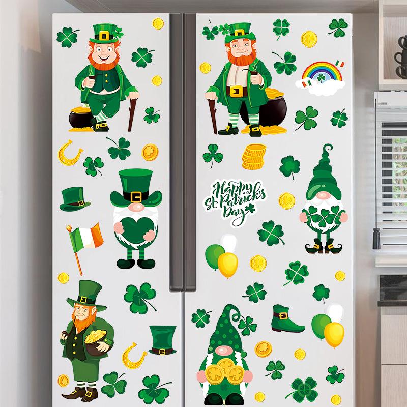 St. Patrick’s Day Window Clings Shamrock 4 Leaf Clover Irish Gnome Cartoon Glass Sticker Static Removable Holiday Decor