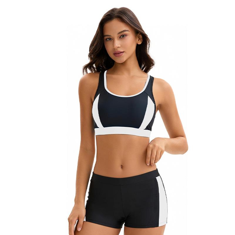 Women's Color-Blocked Two-Piece Swim Set with Back Cut-Out Top & High-Waisted Shorts – Sporty Nylon Beachwear In Multiple Colors