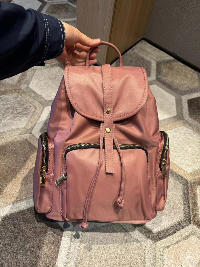 Fashionable drawstring nylon backpack for women large flip top student Rucksack college student Schoolbag Travel Bagpack Black