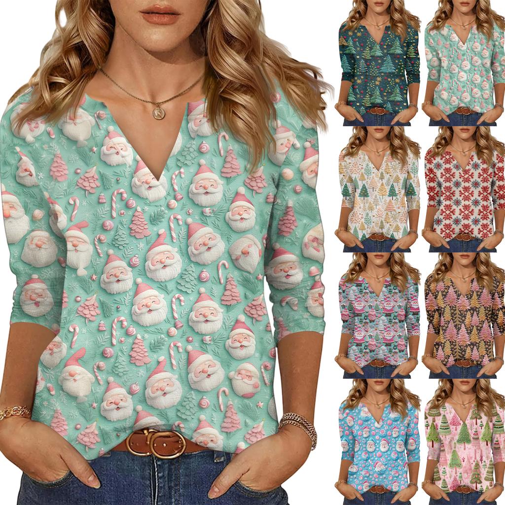 Women's Casual Fashionable Sexy Comfortable V-Neck Christmas Three-Quarter Sleeve Top