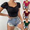 Square Necked Bubble Sleeve Top French style Square Shirt Women Sexy Low Cut Waist Hugging Top