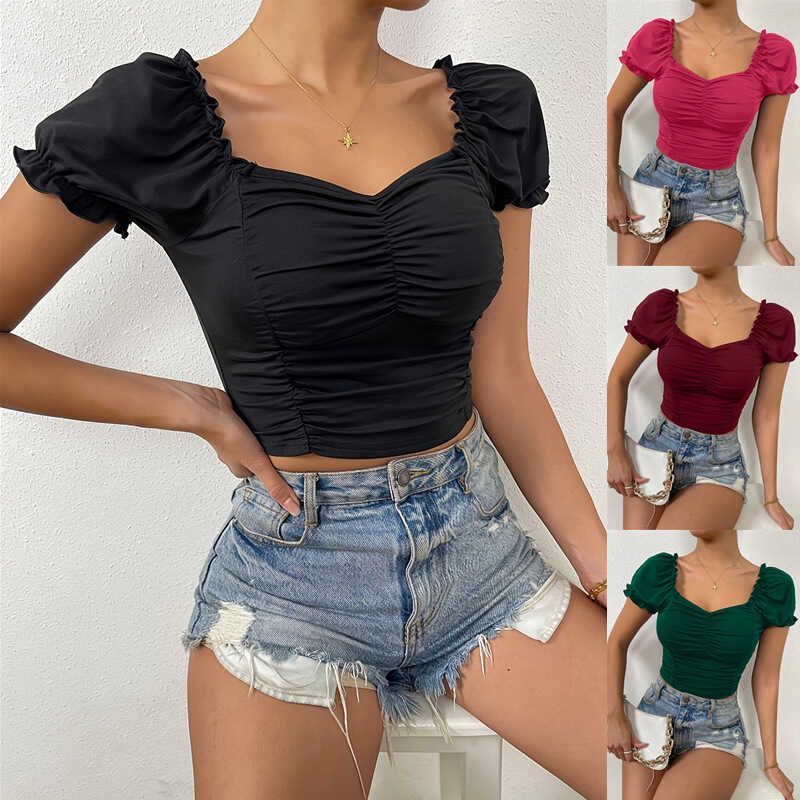 Square Necked Bubble Sleeve Top French style Square Shirt Women Sexy Low Cut Waist Hugging Top