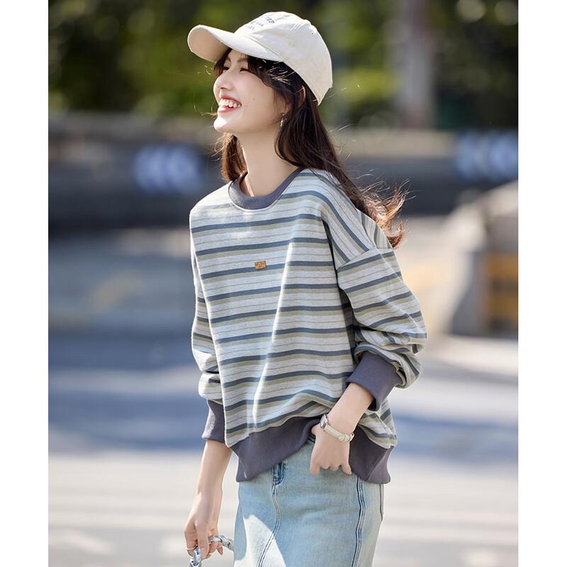 Women s Retro Striped Color-block Loose Sweatshirt L