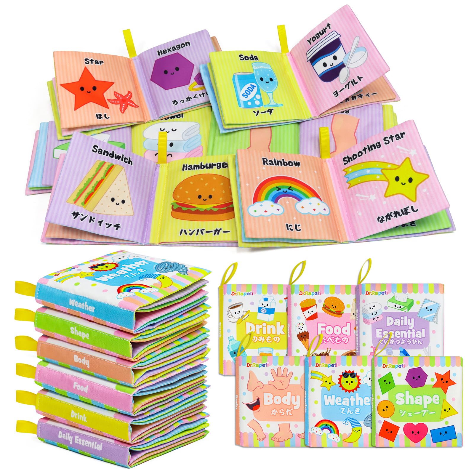 

Dr.Rapeti Baby Cloth Picture Book Set 6 Books Bilingual Japanese English Crinkle Sound Whistle Soft Washable Bath Toy Early Education Parenting Baby