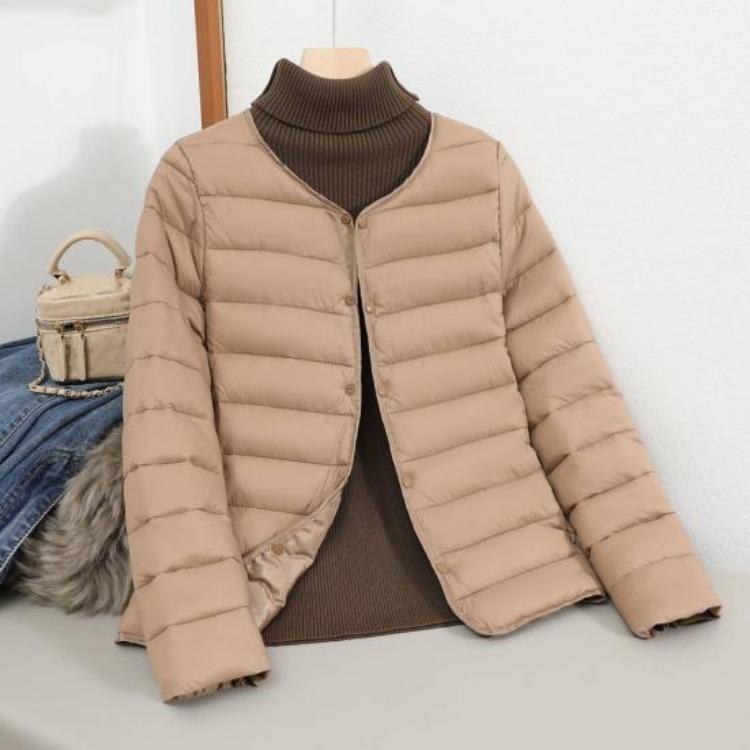 Warm Long Sleeves Round Neck Thickened Padded Windproof Cold Weather Daily Outwear with Pockets Cotton Jacket Winter Down Coat Button