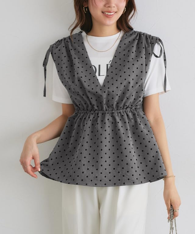Pierrot Peplum Bustier Top with Flocked Drawstring Navy Dots, Figure-Facing, Design, Women's, Medium,