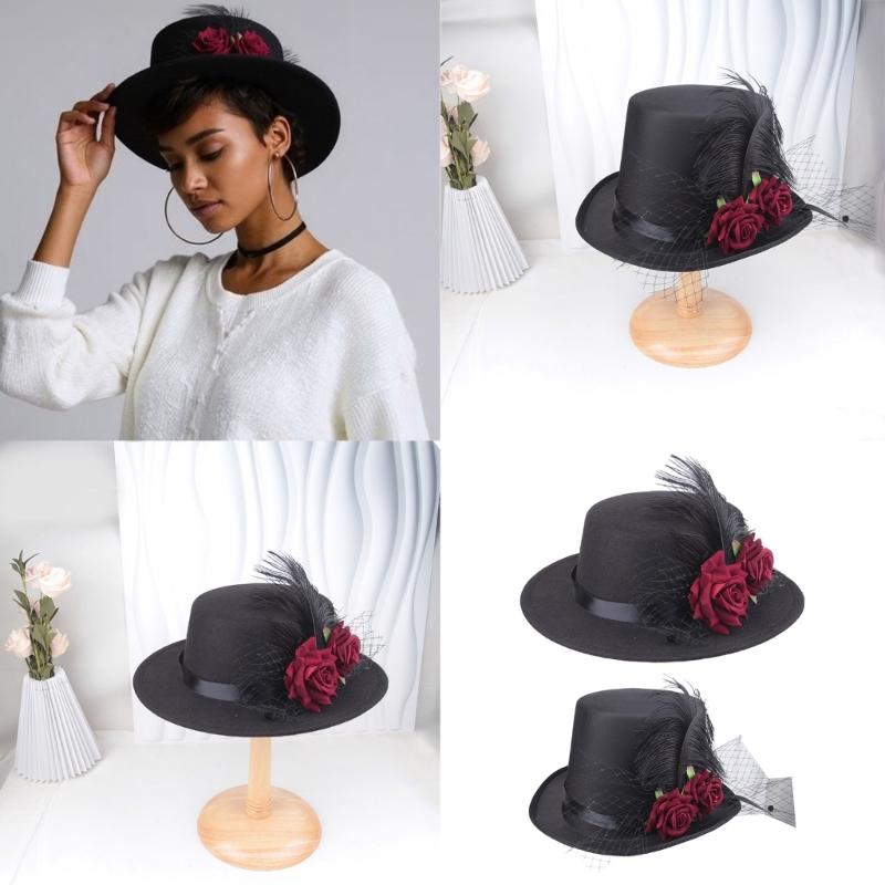 Gothische Blume Feder Hut Halloween Cosplay Kostüm Accessoire Partyhut für Damen Herren Viktorianischer Steampunk Zylinder