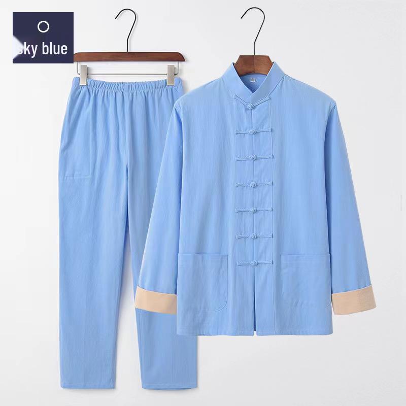 Men's Retro Embroidered Tang Suit Set - Cotton & Linen Long Sleeves for Spring/Autumn Zen Meditation