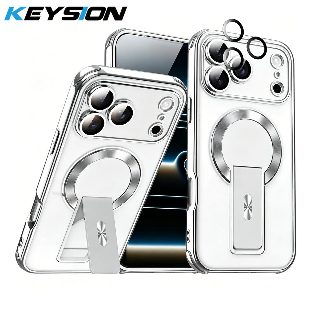 KEYSION Magnetic Transparent Plating Case for MagSafe for iPhone 11 12 13 14 15 16 17 Pro Max Air 16 Plus Upright Kickstand Shockproof Phone Cover