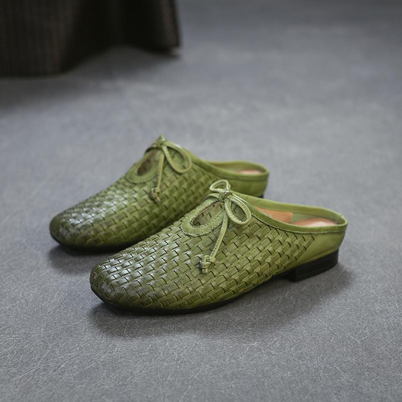 Johnature Pantofole da esterno intrecciate in vera pelle stile retrò, scarpe slip-on da donna leggere e versatili