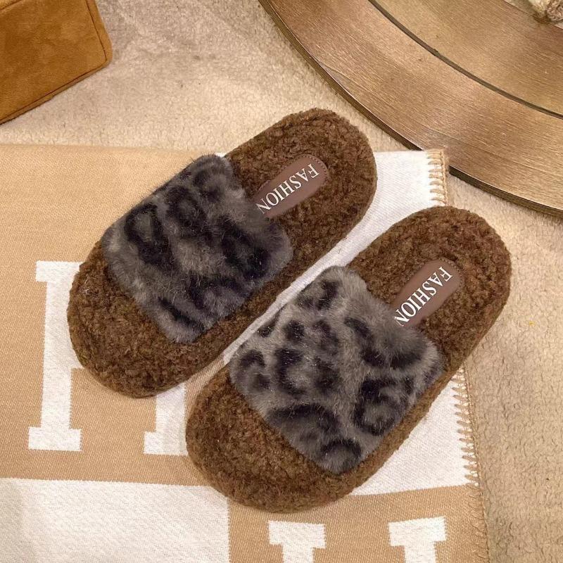 Fluffy Slippers Women's New Fashionable and Versatile Autumn and Winter Outer Wear Fluffy Leopard Print Cotton Slippers
