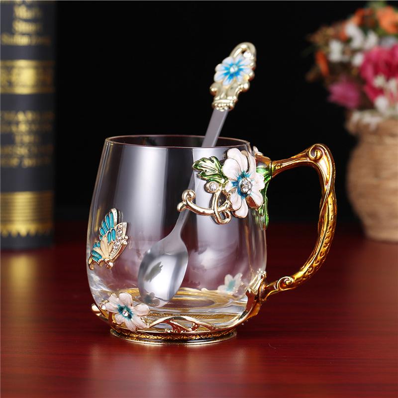 Heat-Resistant Enamel Flower Tea Cup, Creative Painted Crystal Glass Coffee Cup with Handle