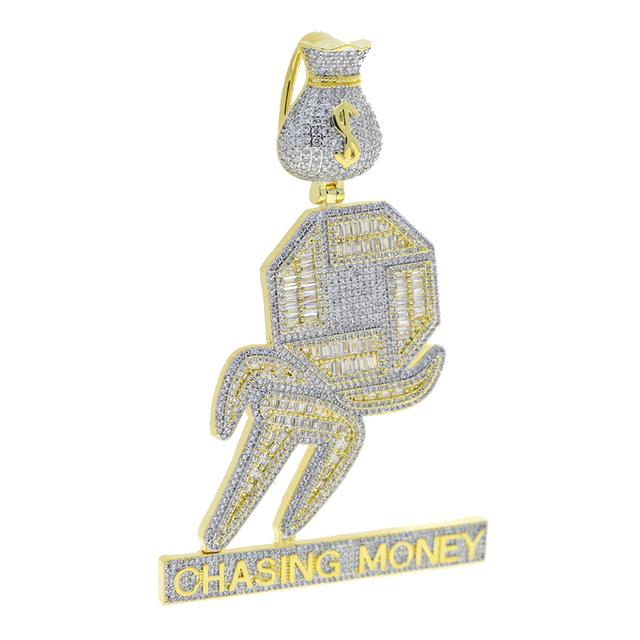 

Iced Out Bling Cz Letter Chasing Money Подвеска Ожерелье Кубический цирконий Доллар Символ Сумка для денег Мужская мода Хип-хоп Ювелирные изделия Only Charm No Chain
