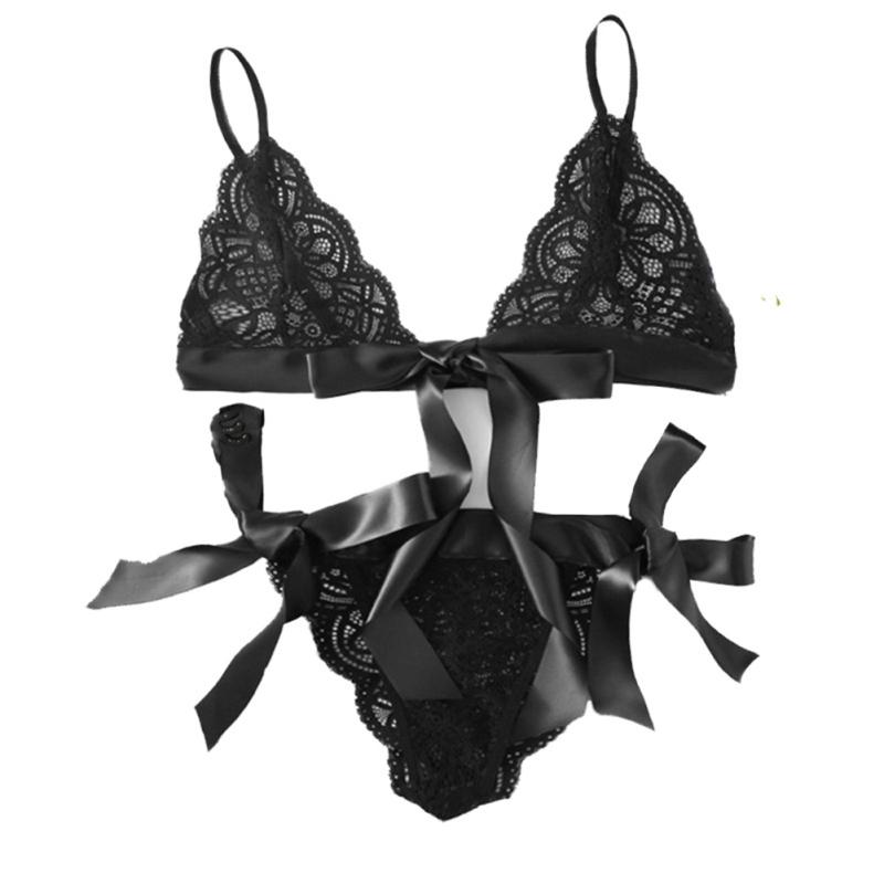 Bielizna damska Jednolity kolor Regulowany Split Lace Bowknot Sexy Top + Majtki
