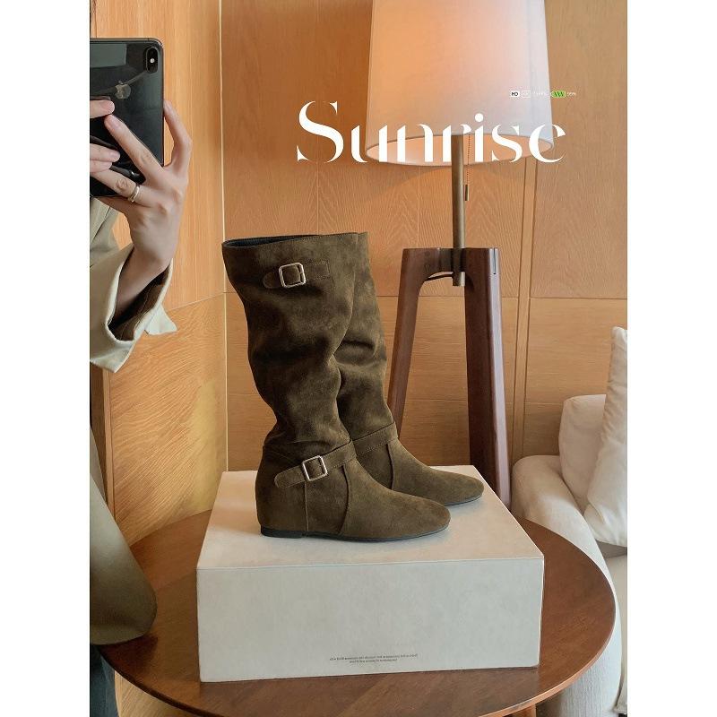 Sheepskin version~ Leather inner height increase 5cm stacking boots medium boots women's new Maillard boots high boots