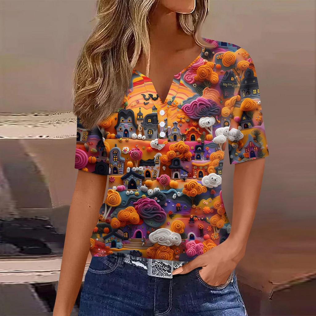Women's T Shirt Halloween Print Button Short Sleeve Daily Weekend Fashion Basic V- Neck Regular Top