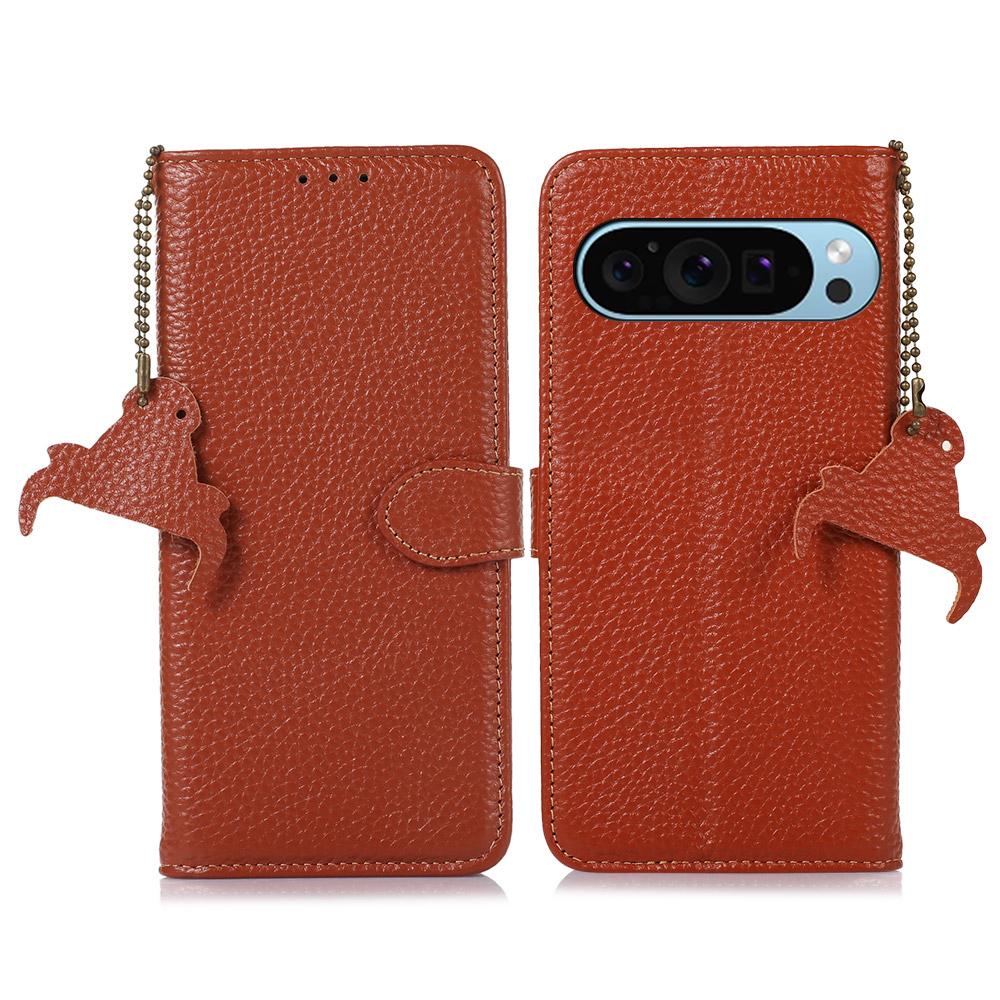 

For Google Pixel 10 Pro/10/9 Pro/9 Wallet Case Genuine Cow Leather RFID Blocking Phone Cover Litchi Texture Brown