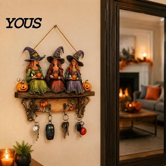 Dunkle Ästhetik Wandkunst Halloween Eingangsbereich Schlüsselhalter mit 4 Haken, Hängendes Holzschild, Montage Partyzubehör-Regal für Schlüssel Taschen Und Leinen,