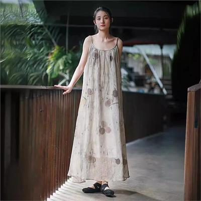 Woman Spring Casual Plant Print Chinese Style Dress Personality Sleeveless Retro O-Neck Vintage Style Dress
