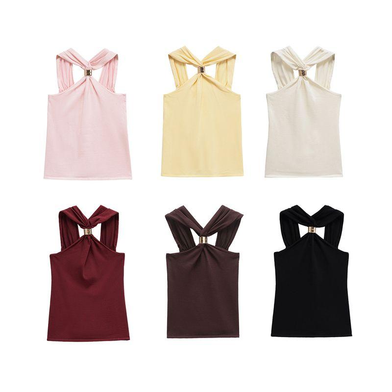 Kaslead New Arrival Women's Fashion Style Gold Inlaid Wide Shoulder Strap Hanging Collar Knitting Tops 4938116