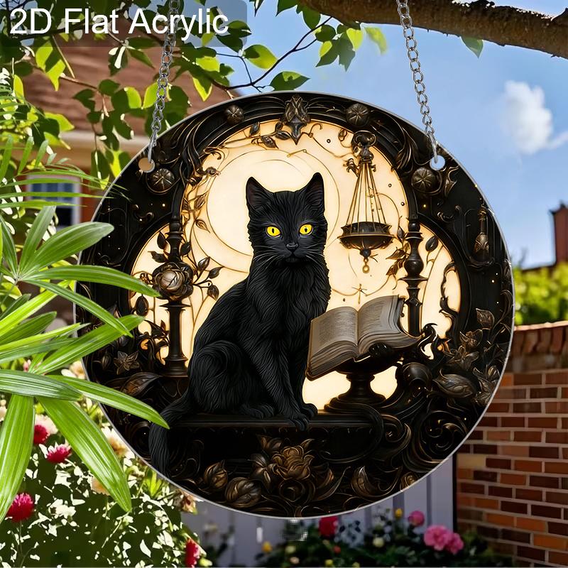 Acrylic Gothic Black Cat with Book, Scale and Moon Suncatcher, Stained Glass Effect Window Hanging Ornament for Witchy & Dark Academia Lover Gifts