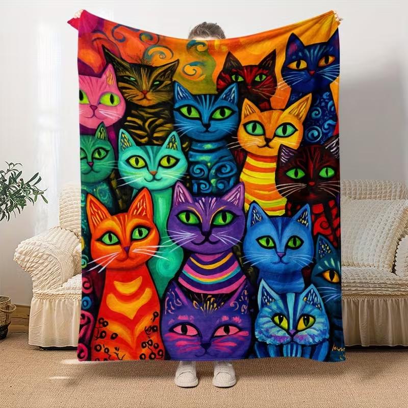 Vintage Patchwork Cats Flannel Blanket - Soft Warm All-Season Colorful Cat Illustrations, Cozy Throw for Home, Travel Blanket