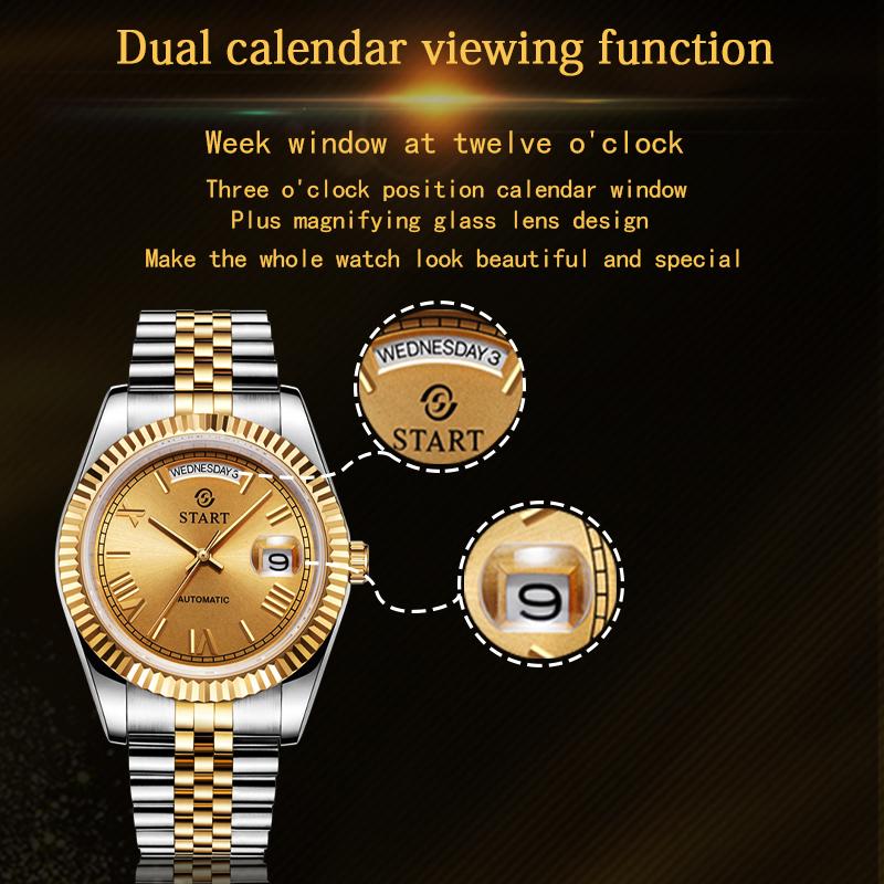 Start Ceas Bărbați Impermeabil Ceas Mecanic Automatic Cadran Numeral Roman Ceas Metal Data Funcție Săptămâna