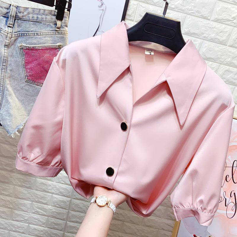 Korean New Solid Color Basic Shirt Female Clothing Single-breasted Summer Thin Half Sleeve Stylish Turn-down Collar Blouse