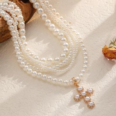 Multi-layer Stacked Imitation Pearl Necklace Retro Light Luxury Sweet Cool Pearl Cross Pendant Neck Chain Woman