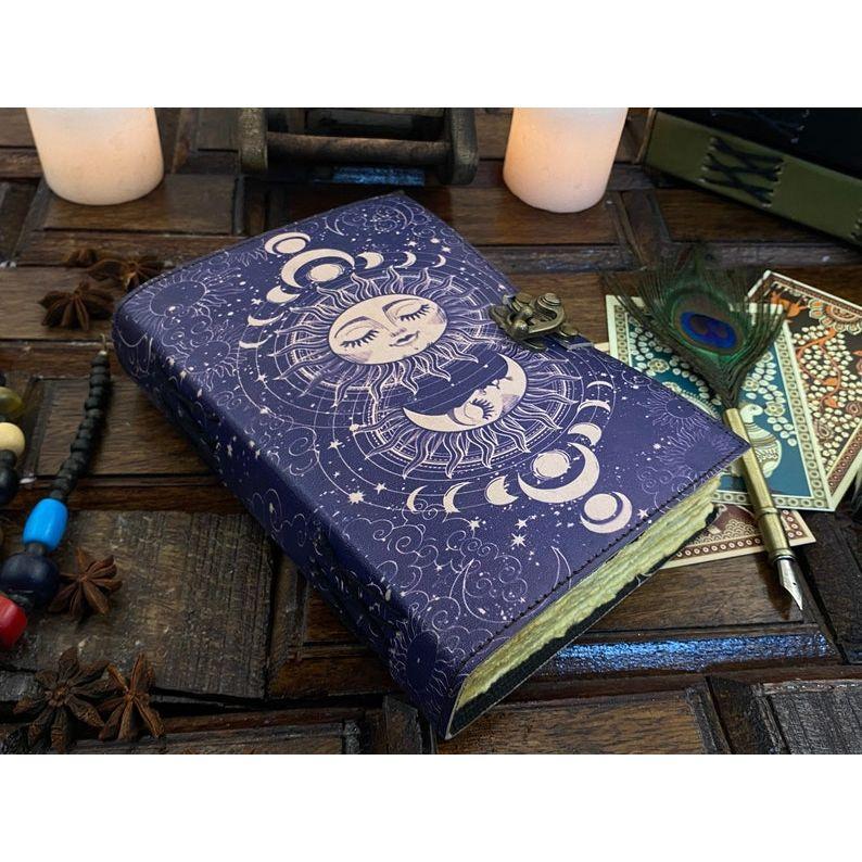 Leather Journal Sun and Moon Phase Notebook spell book of Shadows Grimoire journal Handmade Journal With Deckle Edge Paper Brass C lock