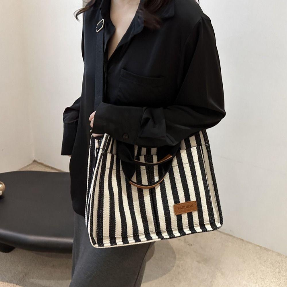 Large Capacity Shoulder Bag Simple Cloth Handbag Cute Stripe Canvas Tote Bag  Travel