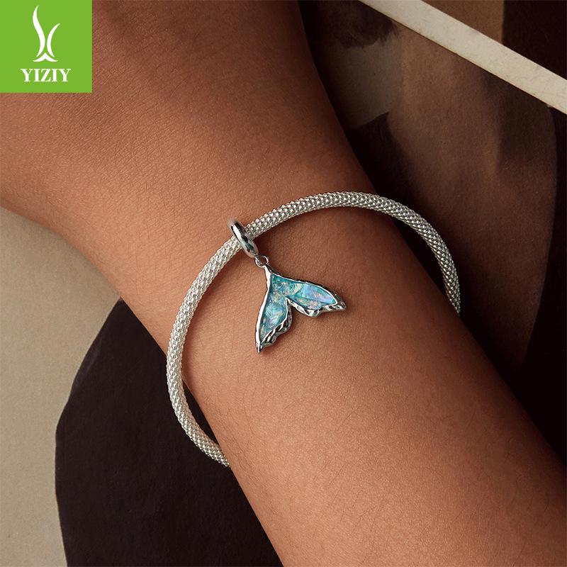 Exquisite Fantasy Blue Fishtail S925 Sterling Silver Pendant Charm for DIY Bracelet