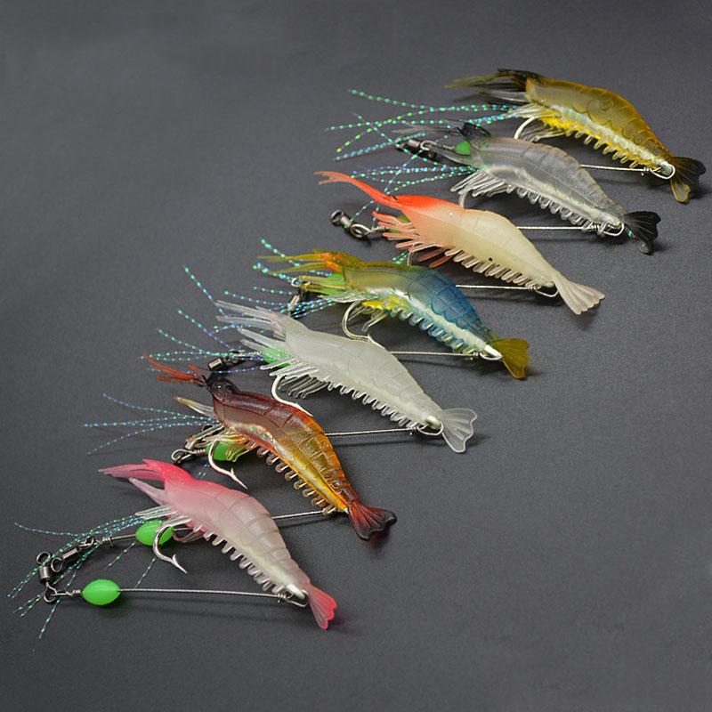 7Pcs/lot 8cm 5g Silicon Shrimp Fishing Lure Luminous Soft Fishing Lures Mixed Color Artificial Shrimp Bait Pesca Sabiki Rig YE96