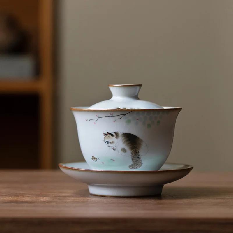 Chinese Ru Kiln Ceramic Gaiwan Cute Cat Pattern Filter Teacup Travel Portable Handmade Tea Bowl Home Tea Set Drinkware 150ml