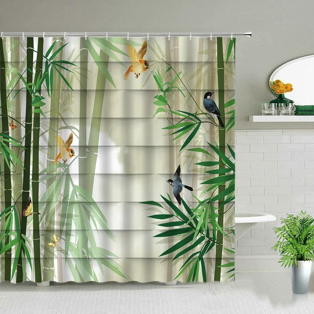 Chinese Style Ink Painting Bamboo Landscape Shower Curtain Flower Bird Scenery Bathroom Waterproof Cloth Bath Curtains With Ho