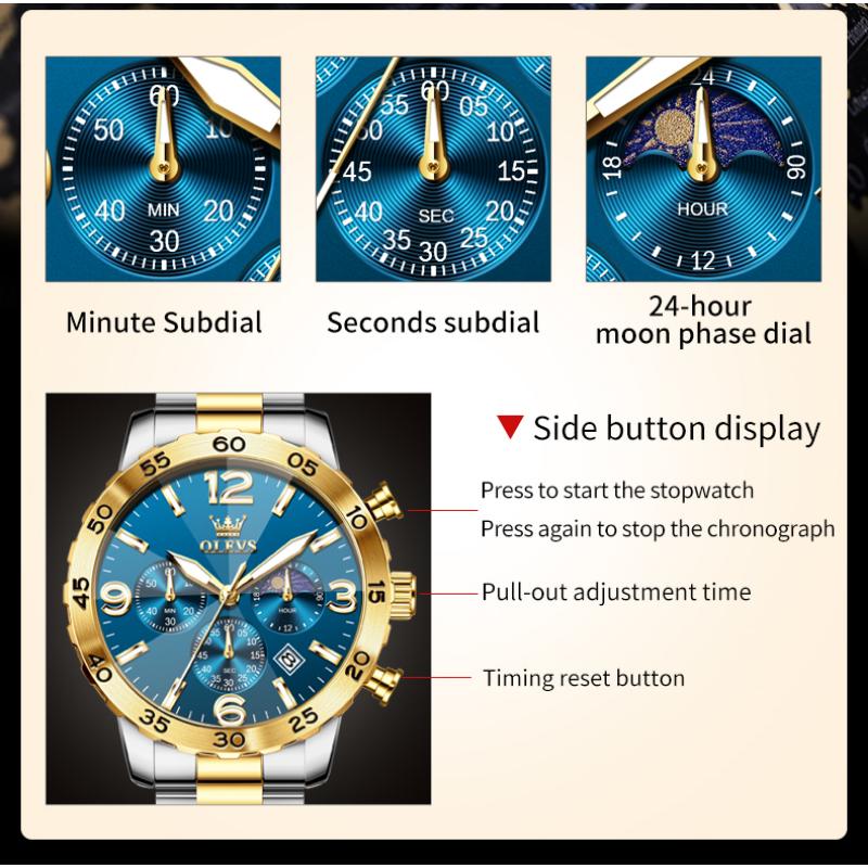 OLEVS Ceas Bărbați Marcă de Lux Ceas Quartz Multifuncțional Rezistent la Apă Fază Lunară Cronograf Original Ceas de Rochie pentru Bărbați