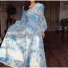 Women's Printed Long Hem Dress with V-neck and Irregular Strap Design Casual Waist Cinching Versatile and Elegant Women's Dress for Daily Wear